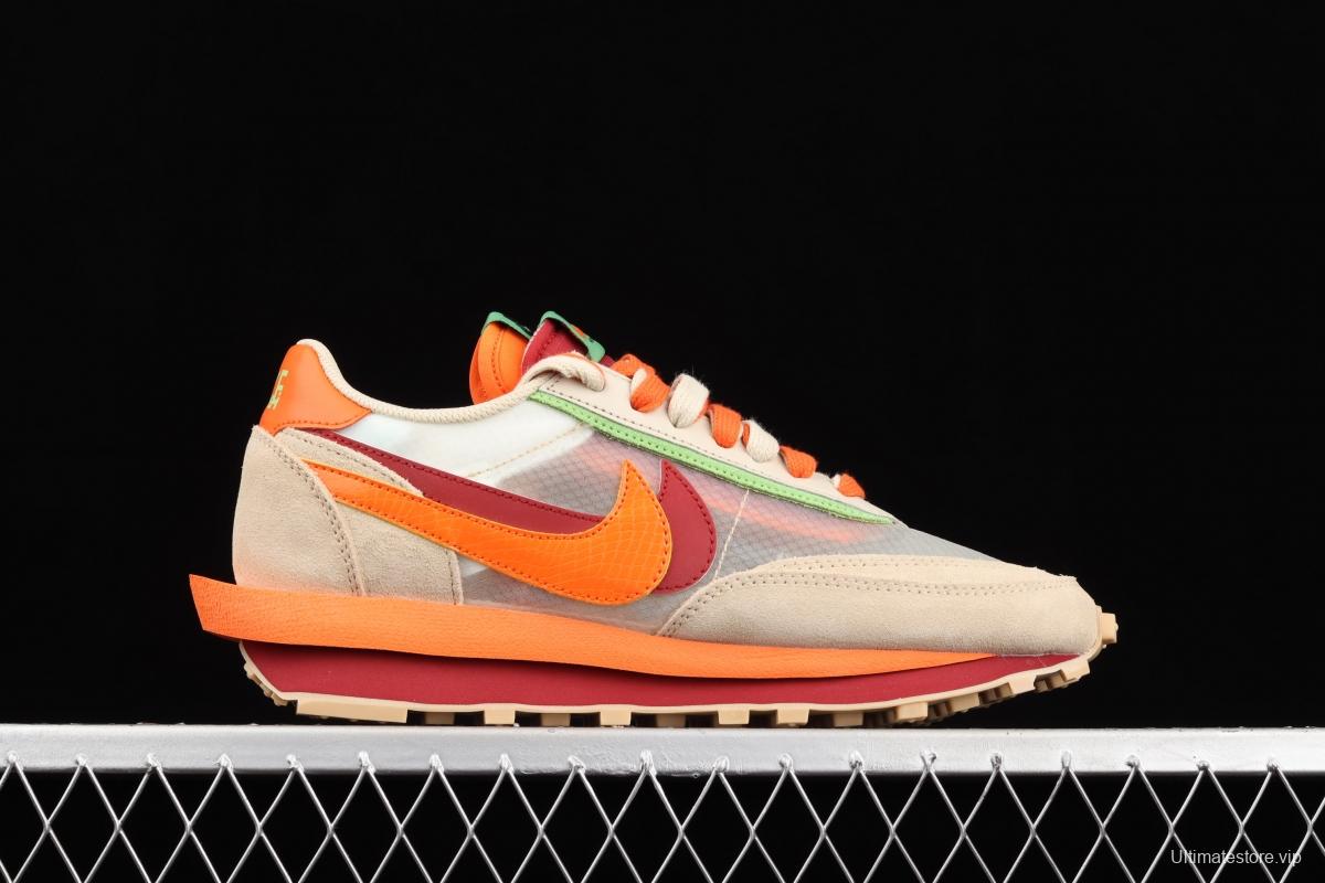 CLOT x Sacai x NIKE LDWaffle Net Orange Blaze joint overlapping design avant-garde waffle deformation rice orange color match casual jogging shoes DH1347-100