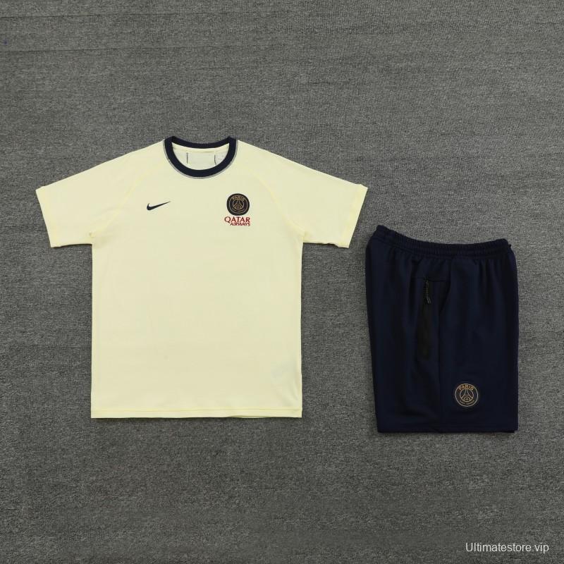 23/24 PSG Light Yellow Cotton Short Sleeve Jersey+Shorts