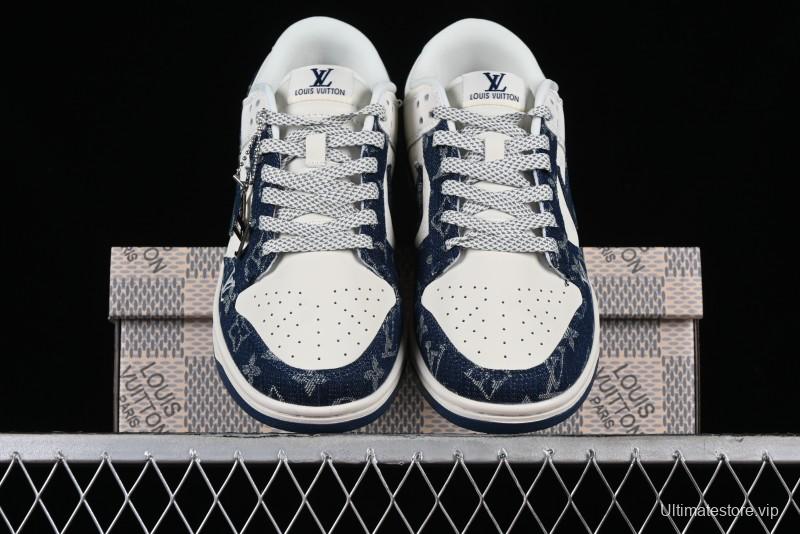 Nike SB Dunk Low LV Collaboration - Dark Blue Denim Anniversary High-End Custom Low-Top Casual Skate Shoes - XP3802-335