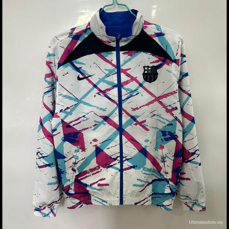 25/26 FC Barcelona White with Pink & Teal Splash Pattern Windbreaker