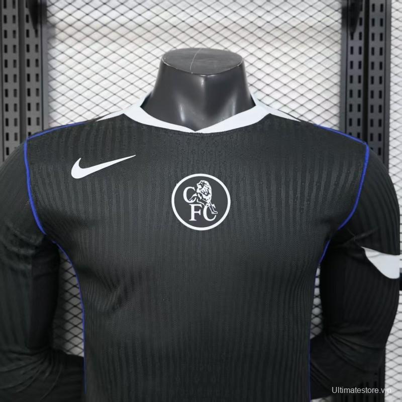 25/26 Player Version  Chelsea Away Dark Gray with Vertical Stripe Texture and Blue Piping Jersey