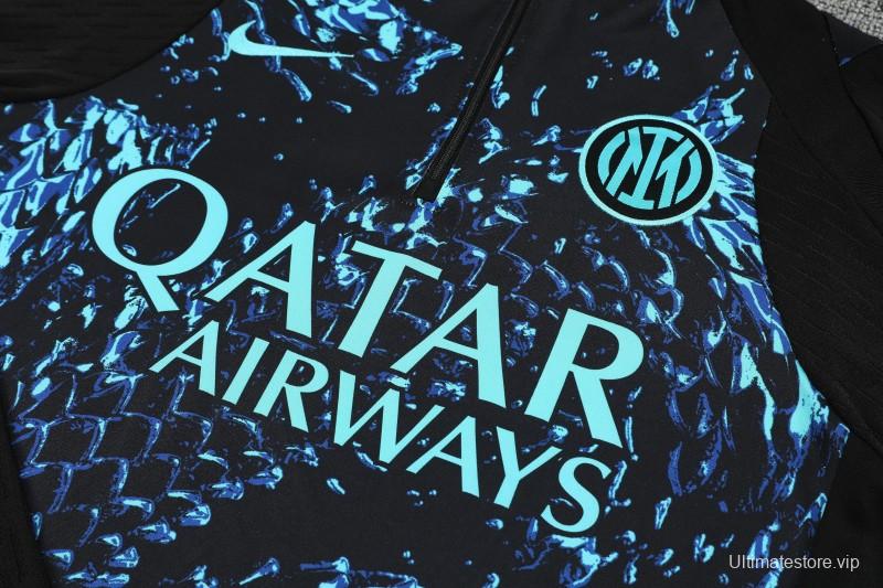 Player Version 25/26 Inter Milan Black with Blue Water Splash Pattern Half Zipper Jacket Tracksuit +Long Pants