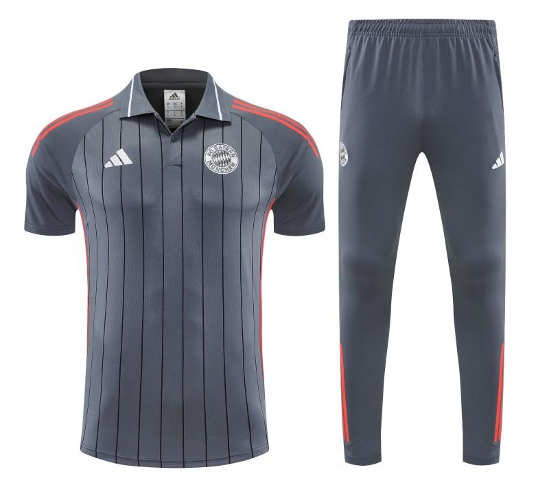 26/27  Bayern Munich Grey Stripes Polo Training Shirt + Long Pants Tracksuit