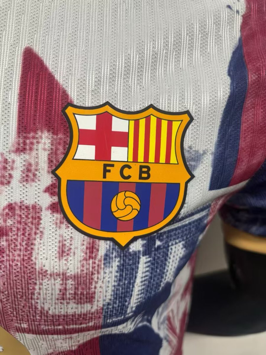 Player Version 25/26 Barcelona White with Abstract Blaugrana Brushstroke Print and Gold Trim Jersey